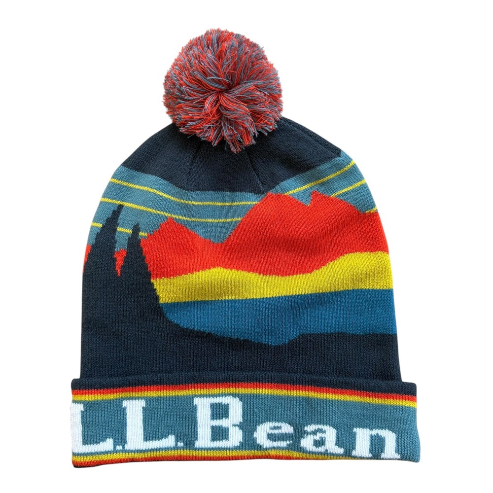 LL Bean Katahdin Pom Beanie Navy Blue Mountain Graphic Knit Hat
